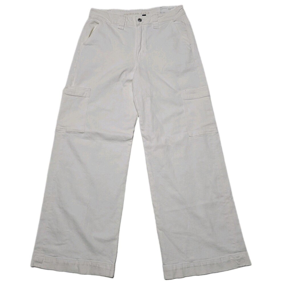 AE American Eagle Women's M Super High-Rise Baggy Wide-Leg White Cargo Pants